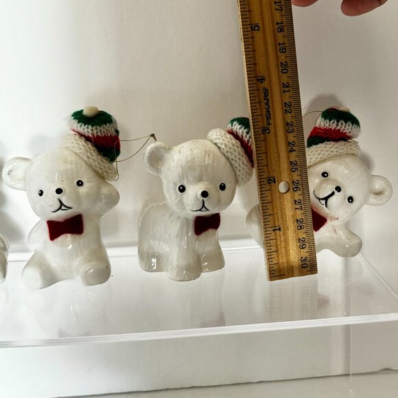 Vtg Snow Bear Ornaments 4 Porcelain Bears Knit Hats Bows Christmas Around the - Picture 15 of 16